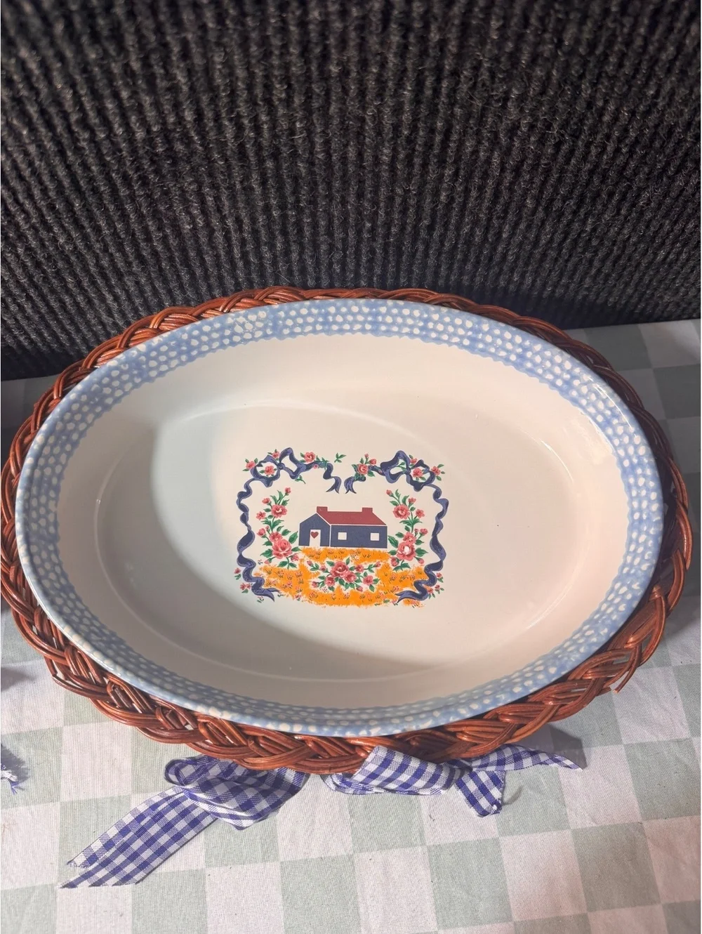 Teamson 1995 Oval Serving Bowls with Wicker Holders and Blue Gingham